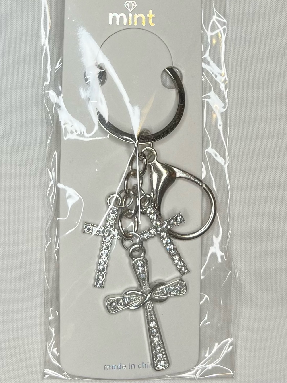 Mint silver rhinestone cross and bow charm keyring bag charm